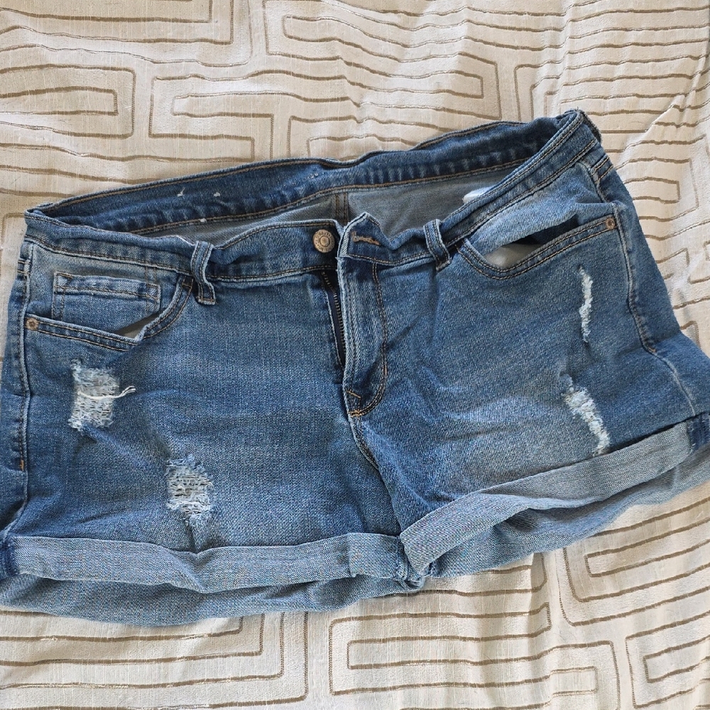 Distressed Blue Jean Shorts with Cuffed Hem